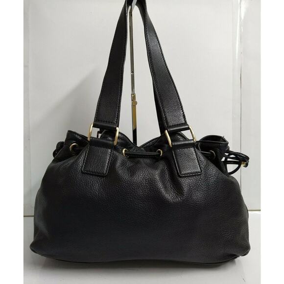 Michael Kors Black Leather Zipper Front Pockets Drawstring Closure Shoulder Bag - Picture 2 of 12
